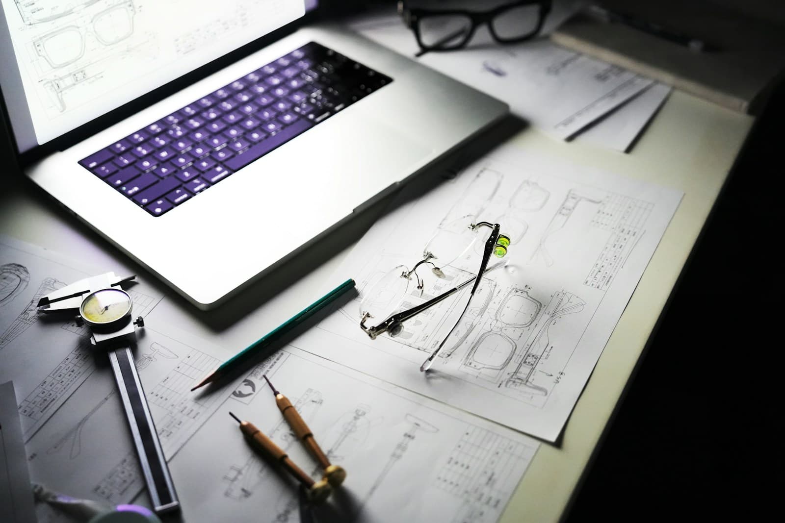 Product design plans, tools and prototype glasses