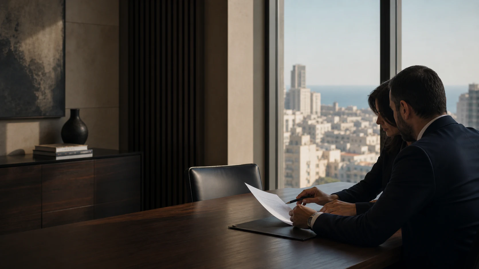 Two legal colleagues reviewing a document beside a Beirut window