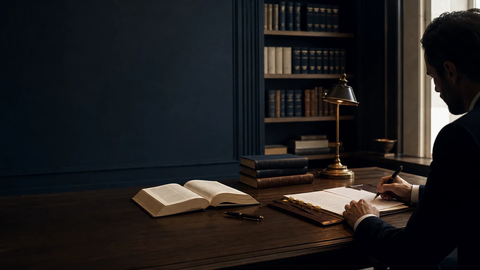 Attorney researching legal materials in a dark-wood law library