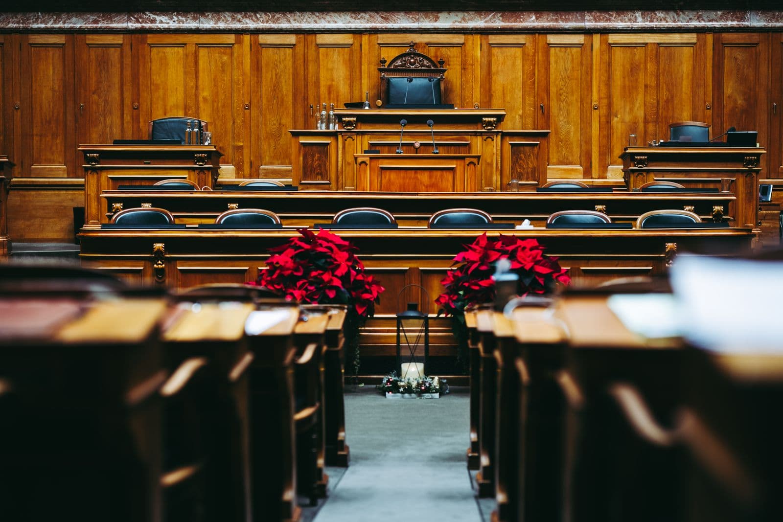 Empty wood-panelled courtroom
