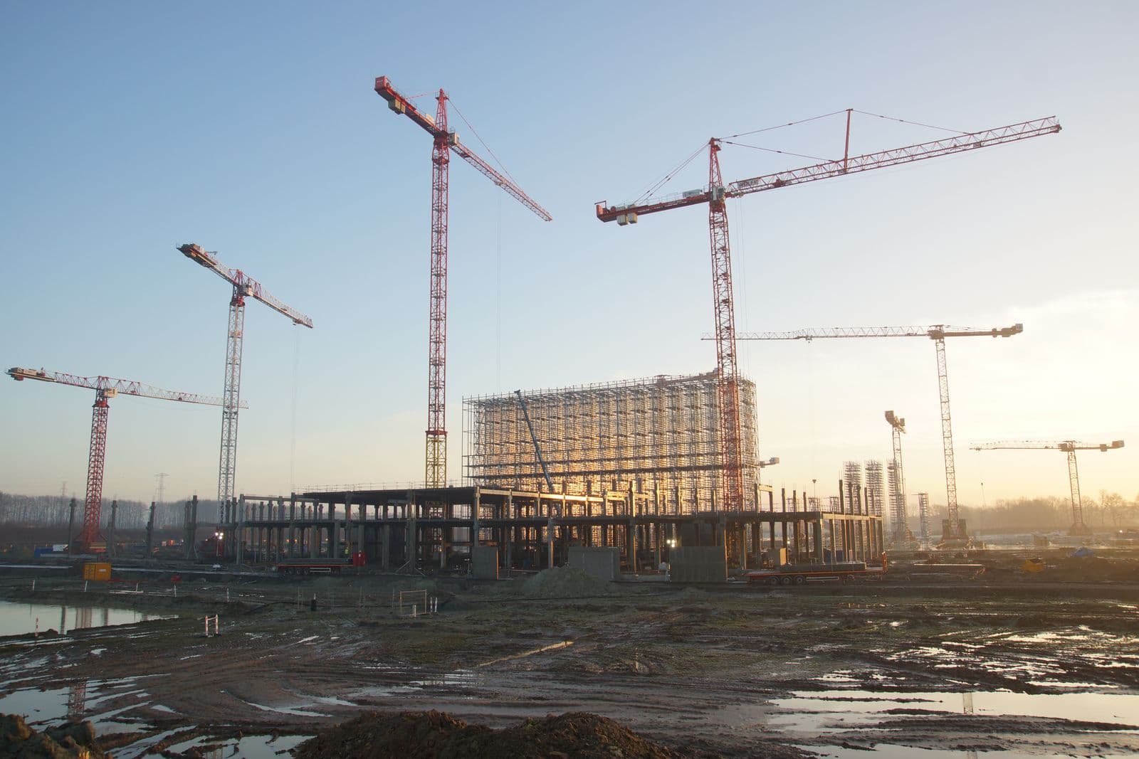 Construction cranes surrounding a large building project